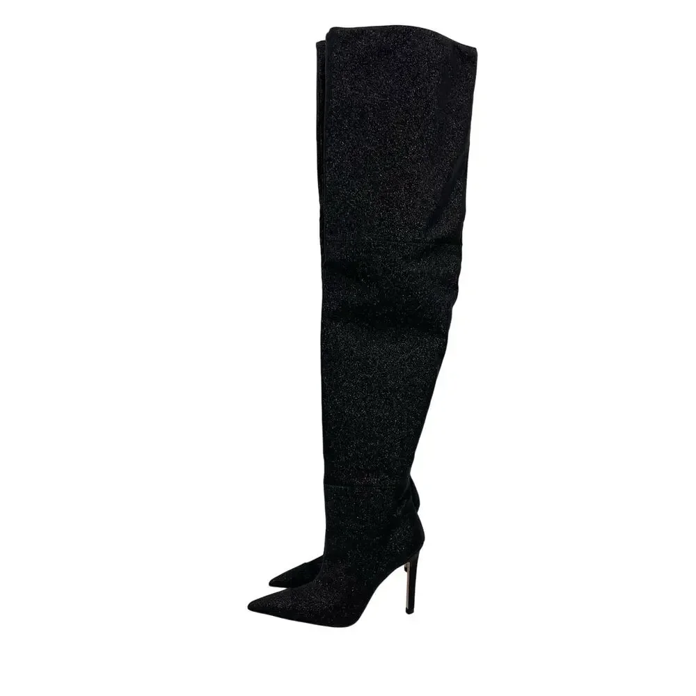 Good American Over‎ The Knee Slouch Boot in Black Glitter Size 6.5 NEW